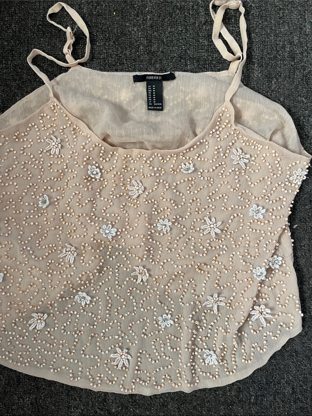Forever 21 Beige Beaded Floral Cami with Adjustable Ties
